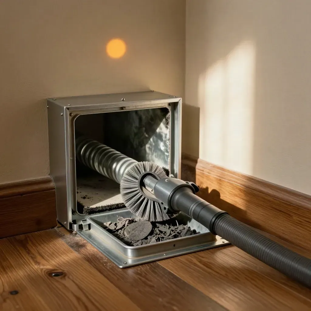 Rengöringsborste och dammutsug i en ventilationskanal med ljus som faller in.