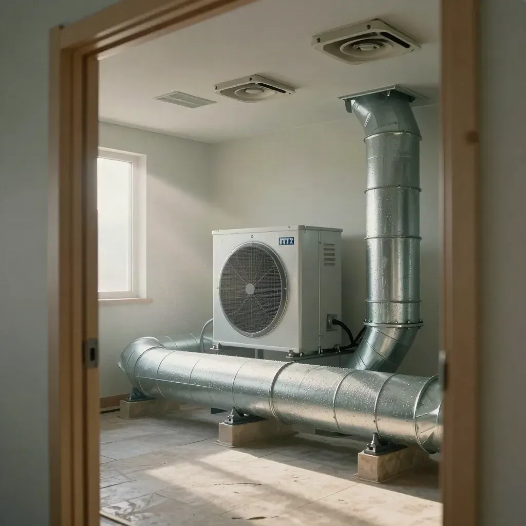 Ventilationssystem med FTX-enhet och kanaler i ljus teknisk lokal i morgonljus.