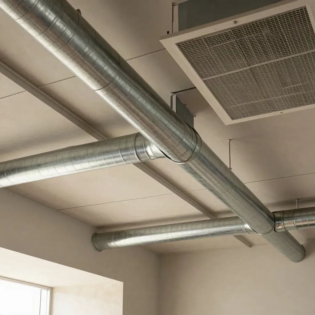 Tomt kontor med rena ventilationskanaler, diffusers och ljusgrå akustikpaneler i mjukt dagsljus