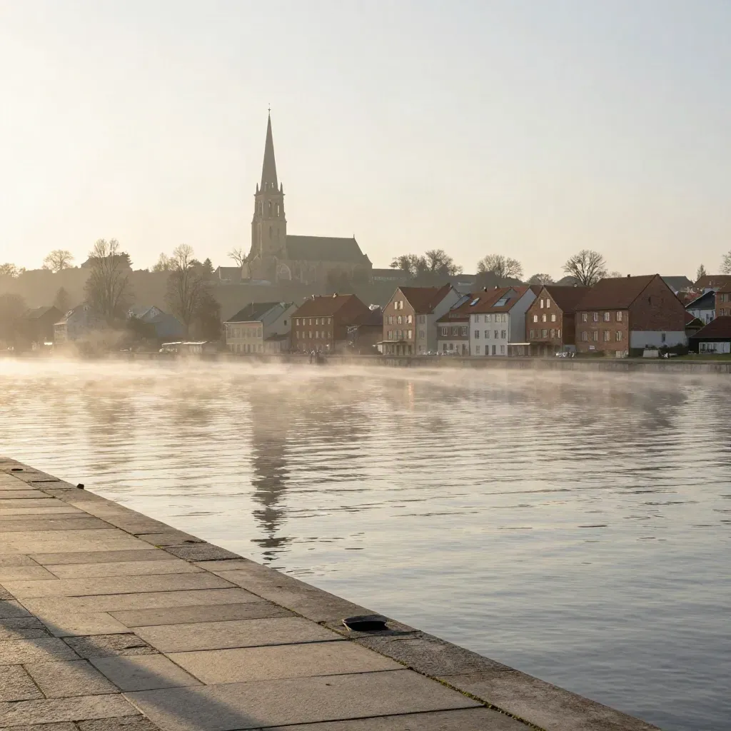 Dimmig Mälarvy med katedral och låga hus över stilla vatten i mjukt morgonljus